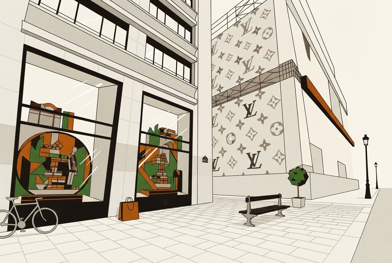 Illustration plate : sac de luxe, pavé, banc public, arbre en pot, lampadaire, vélo