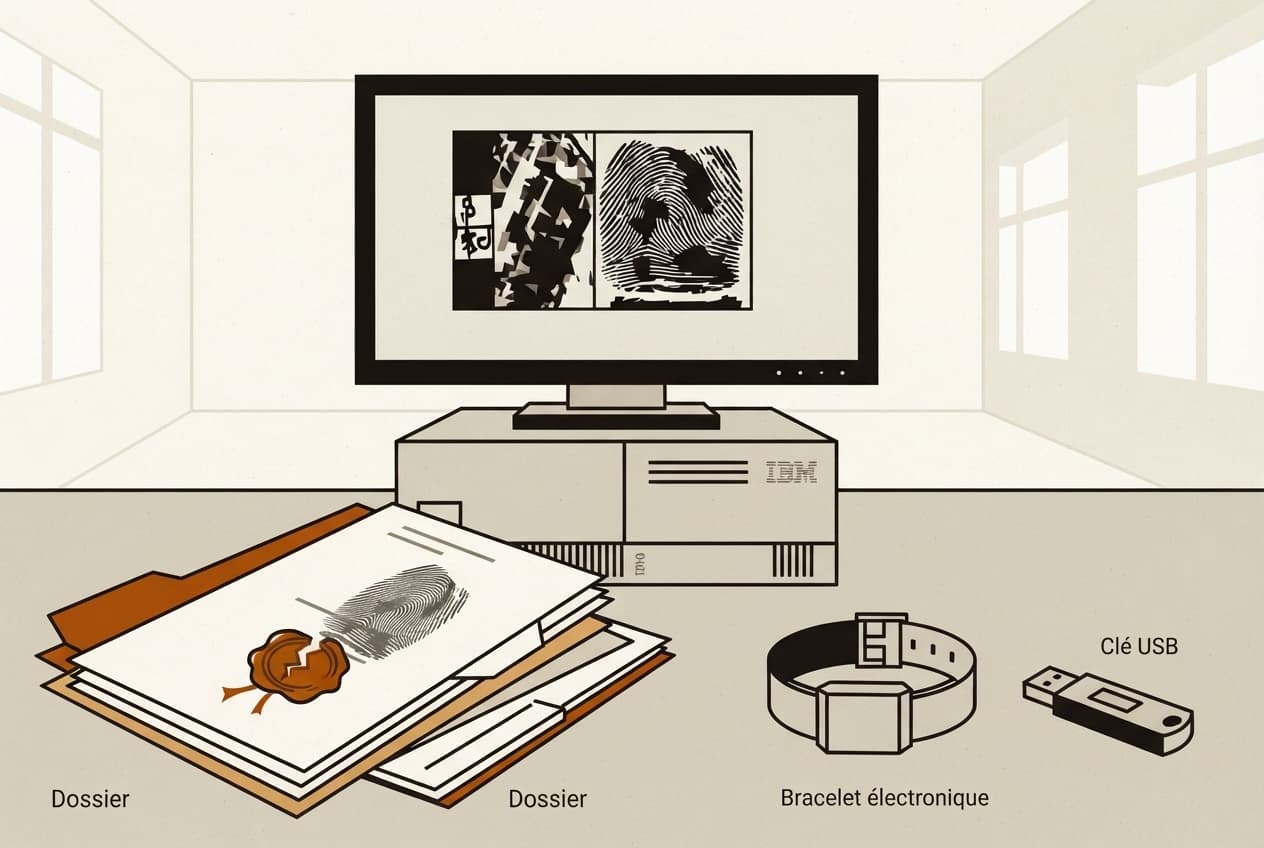 Illustration plate : Dossier, Écran d'ordinateur, Sceau brisé, Bracelet électronique, Clé USB