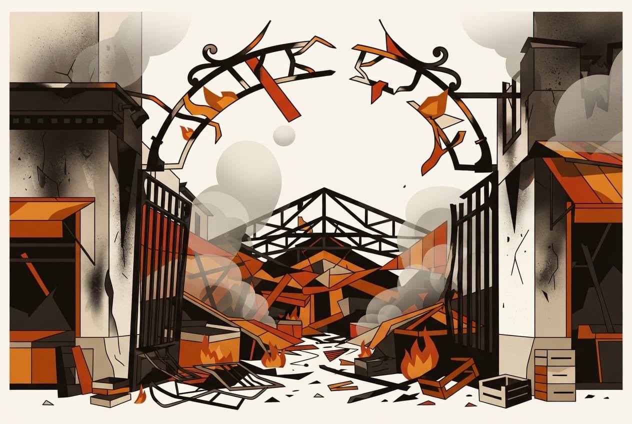 Illustration plate : étals, charpente, débris, fumée, cendres, flammes